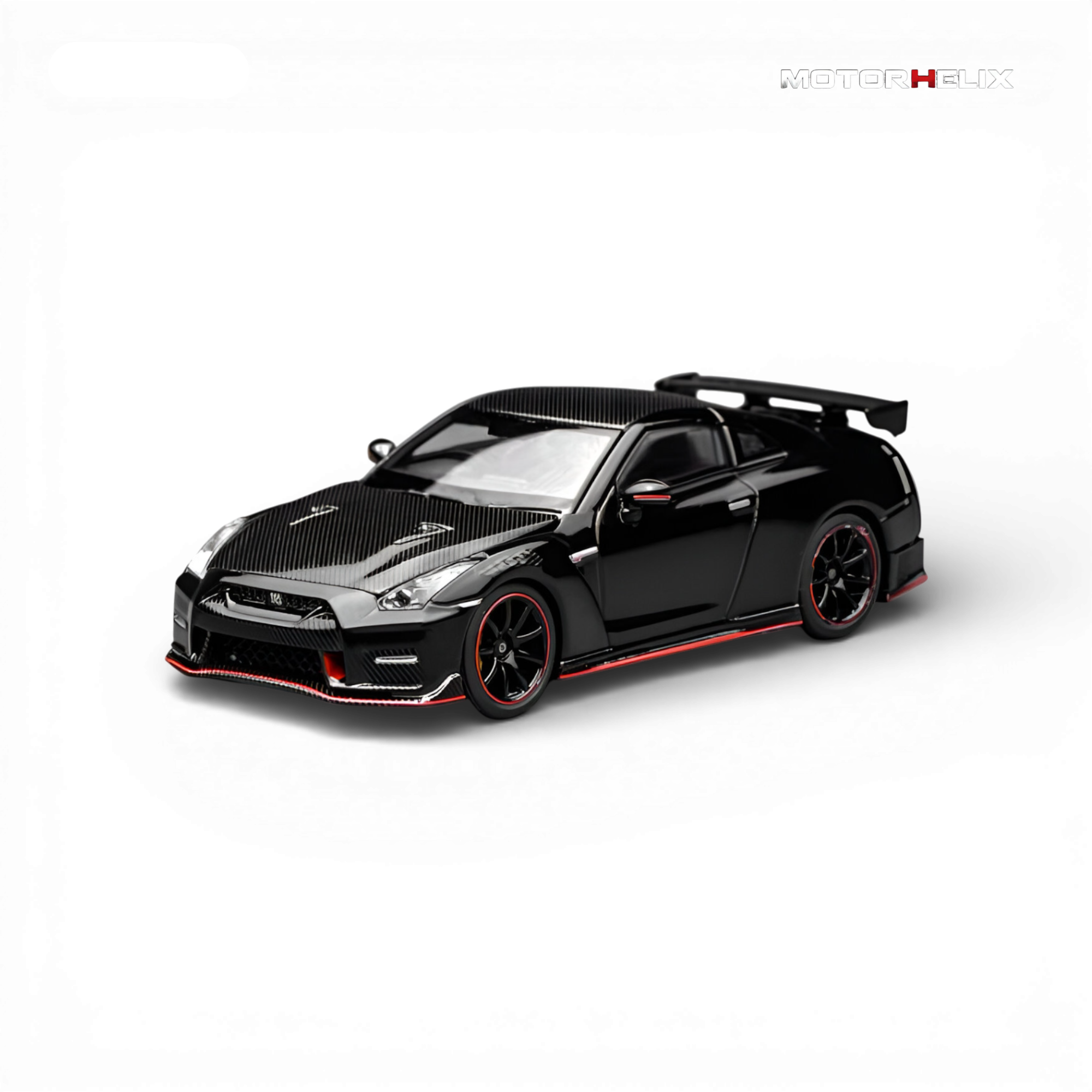 Side profile of the MotorHelix Nissan GT-R NISMO (R35) Special Edition 2022 displaying the sleek body lines, forged wheels, and signature NISMO performance design.
