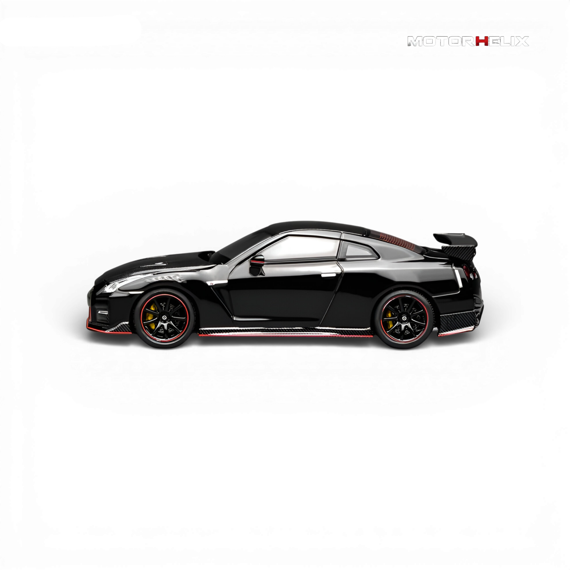 Left Side profile of the MotorHelix Nissan GT-R NISMO (R35) Special Edition 2022 displaying the sleek body lines, forged wheels, and signature NISMO performance design.