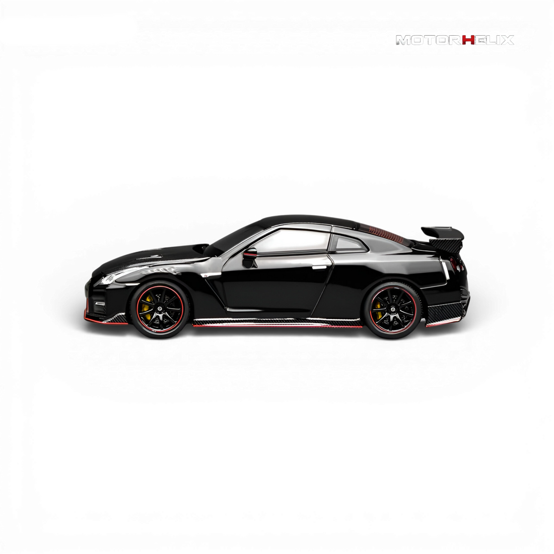 Left Side profile of the MotorHelix Nissan GT-R NISMO (R35) Special Edition 2022 displaying the sleek body lines, forged wheels, and signature NISMO performance design.