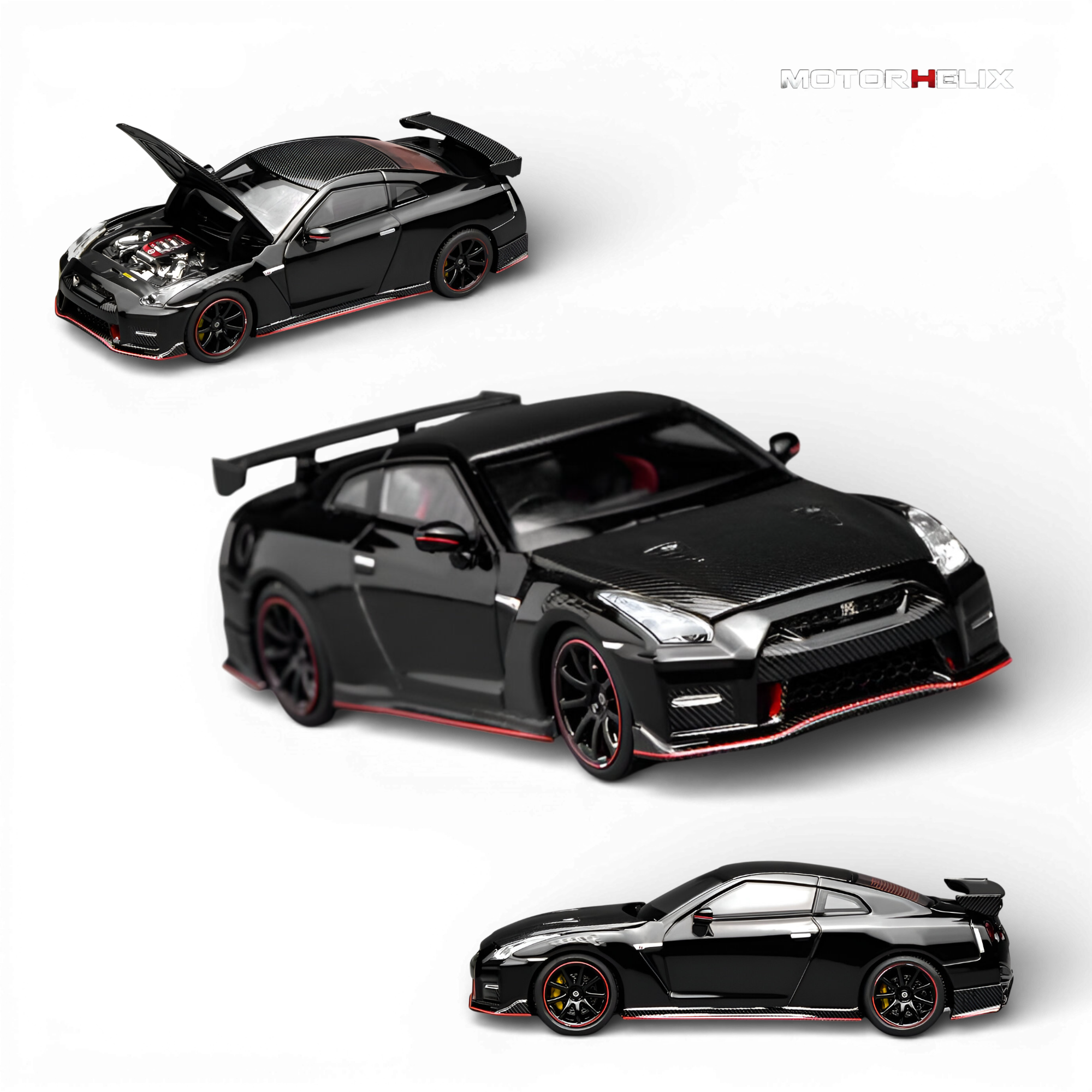 MotorHelix Nissan GT-R NISMO (R35) Special Edition 2022 Meteor Black Flake Pearl 1:64 diecast model featuring an opening hood, detailed engine, and premium collector-quality craftsmanship.