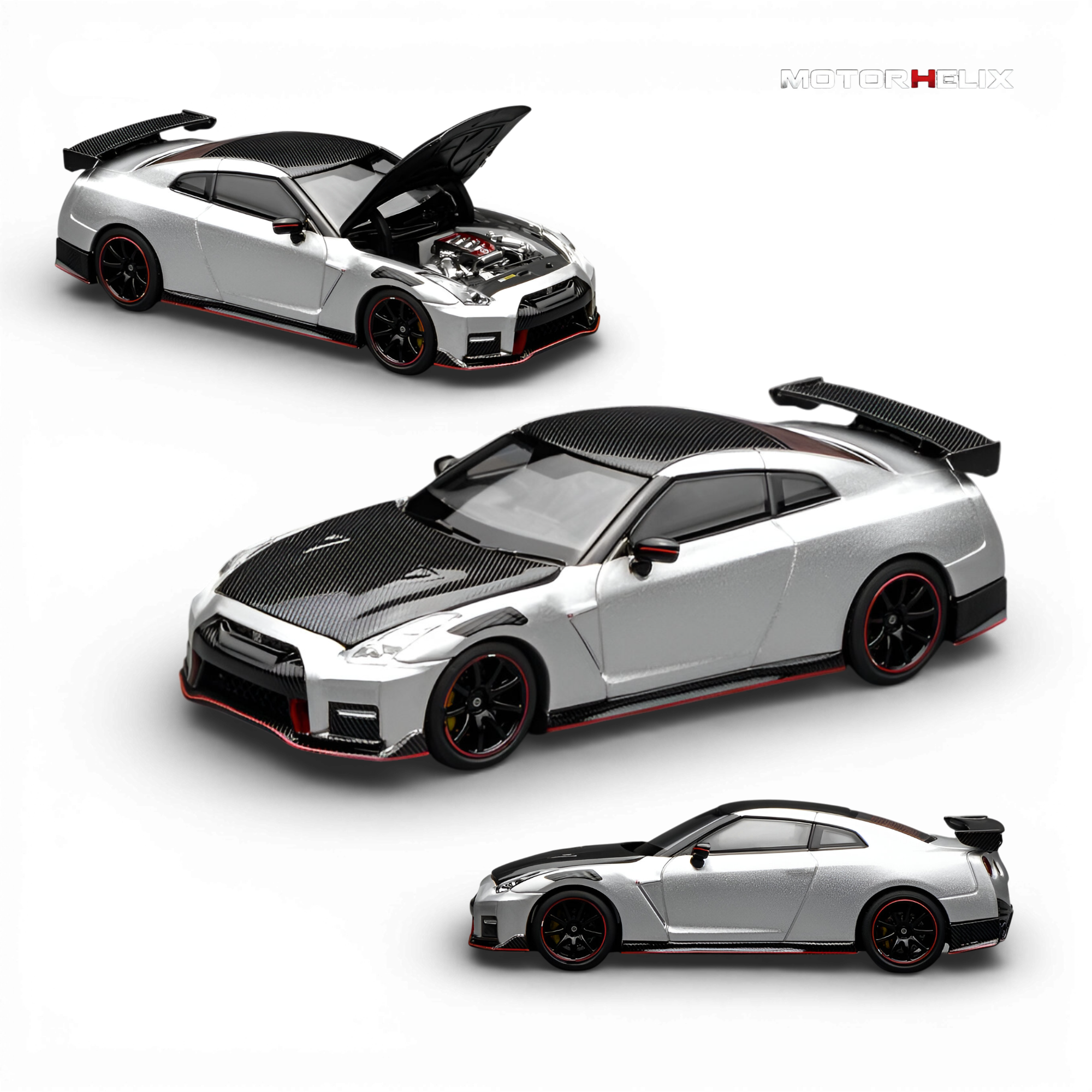 MotorHelix Nissan GT-R NISMO (R35) Special Edition 2022 Ultimate Metal Silver 1:64 diecast model featuring an opening hood, detailed engine, and premium collector-quality craftsmanship.