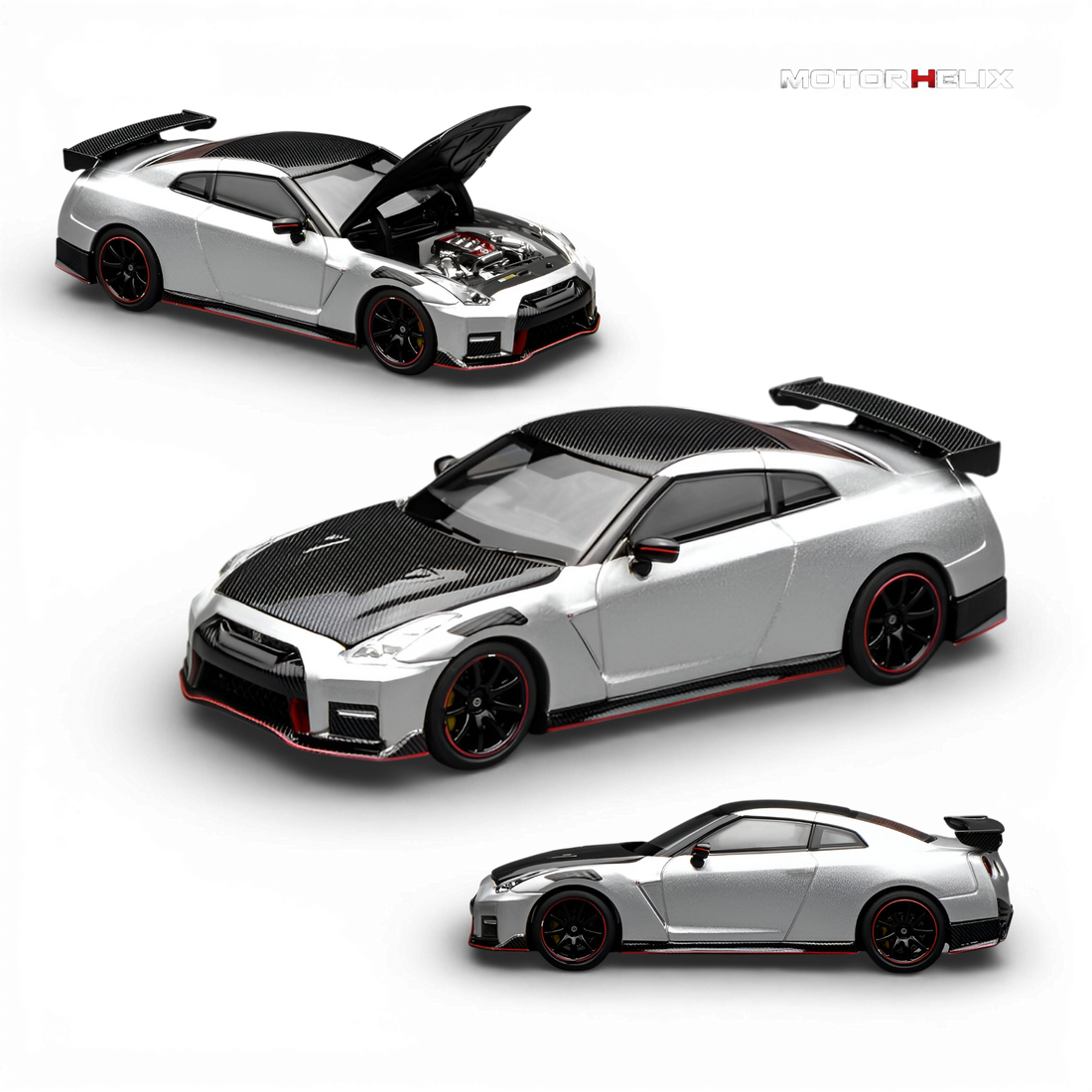 MotorHelix Nissan GT-R NISMO (R35) Special Edition 2022 Ultimate Metal Silver 1:64 diecast model featuring an opening hood, detailed engine, and premium collector-quality craftsmanship.