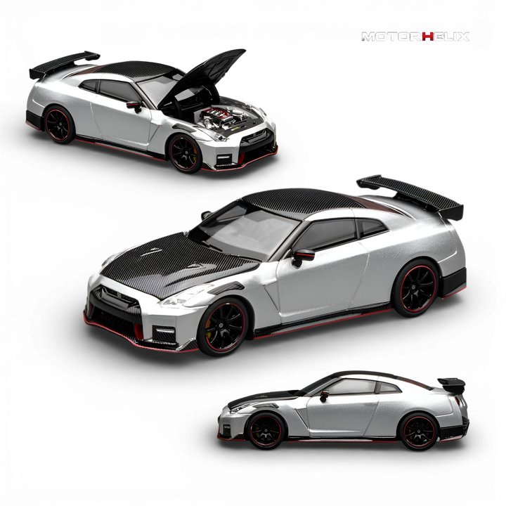 MotorHelix Nissan GT-R NISMO (R35) Special Edition 2022 Ultimate Metal Silver 1:64 diecast model featuring an opening hood, detailed engine, and premium collector-quality craftsmanship.