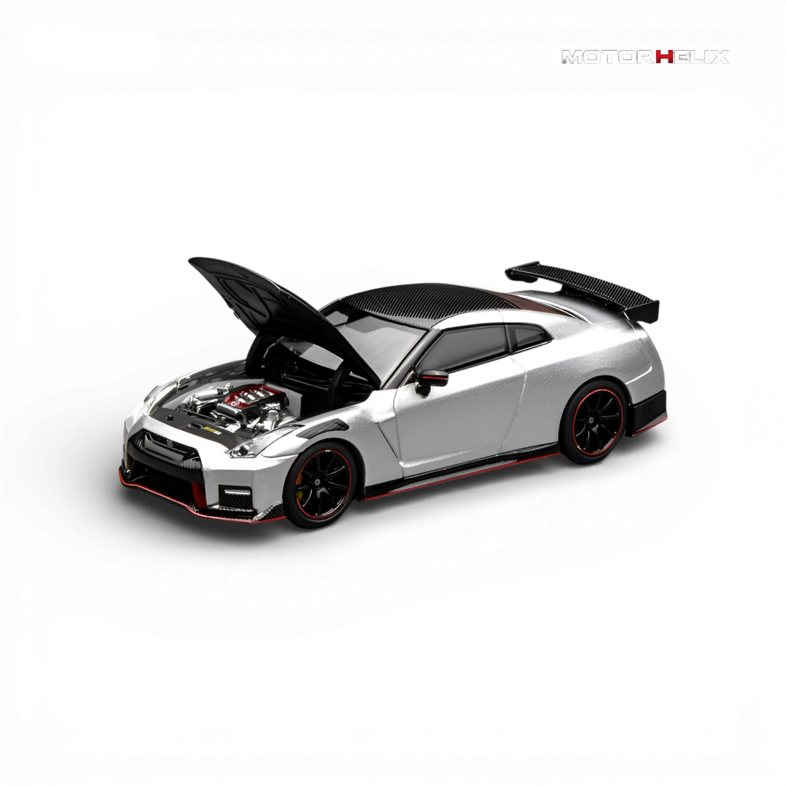 Opening hood view of the MotorHelix Nissan GT-R NISMO (R35) Special Edition 2022 revealing the detailed VR38DETT twin-turbocharged engine compartment.