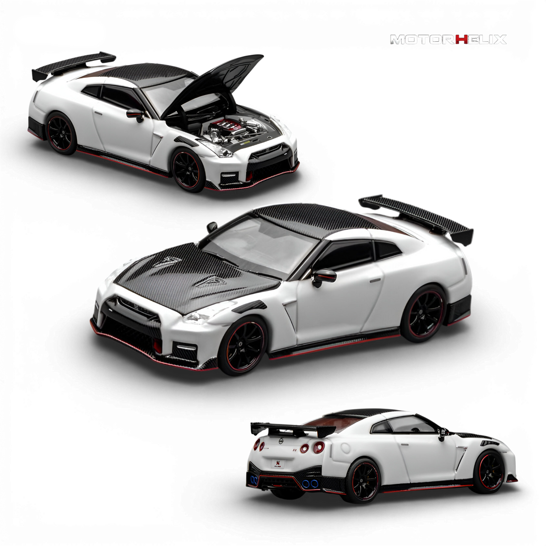 MotorHelix Nissan GT-R NISMO (R35) Special Edition 2022 Brilliant White Pearl 1:64 diecast model with opening hood and detailed engine compartment.