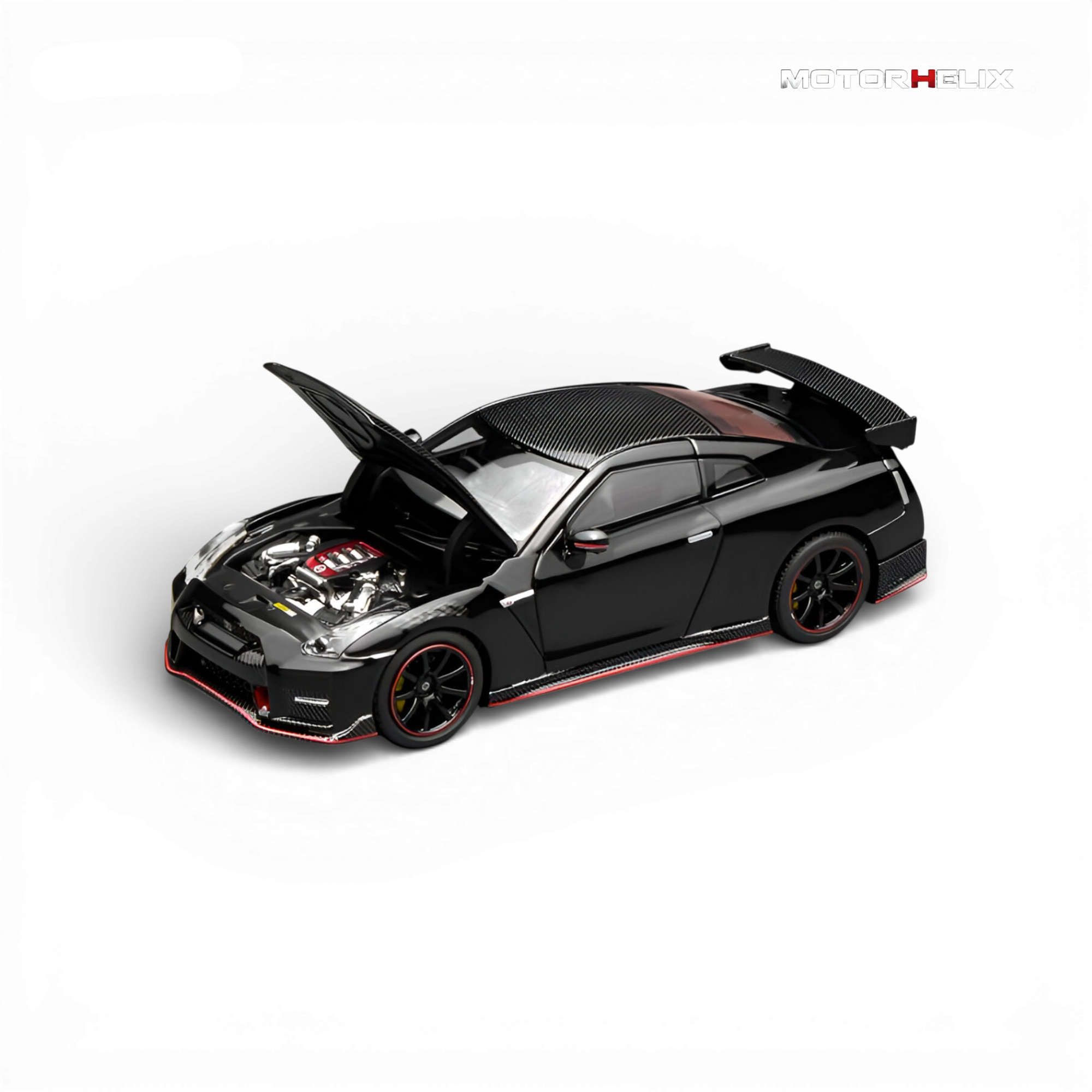 Detailed engine compartment of the MotorHelix Nissan GT-R NISMO (R35) Special Edition 2022 displaying the precision-crafted VR38DETT engine beneath the opening hood.