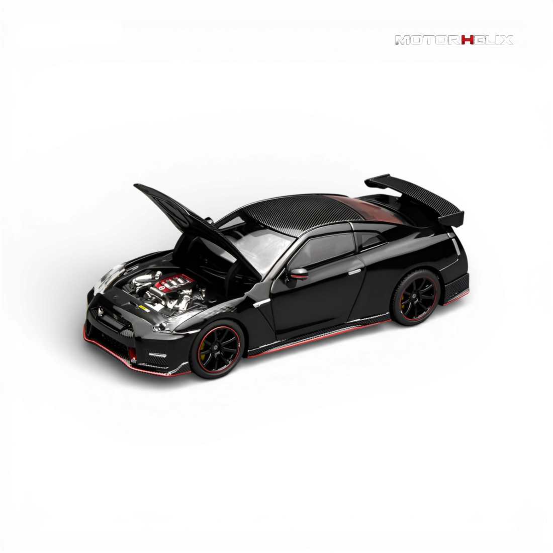 Detailed engine compartment of the MotorHelix Nissan GT-R NISMO (R35) Special Edition 2022 displaying the precision-crafted VR38DETT engine beneath the opening hood.