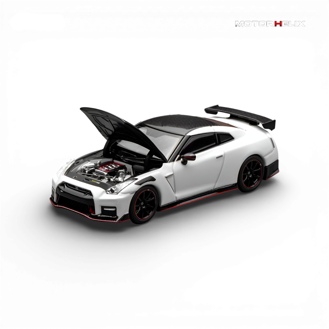 Opening hood of the MotorHelix Nissan GT-R NISMO (R35) Special Edition 2022 1:64 diecast model revealing the detailed VR38DETT engine compartment.