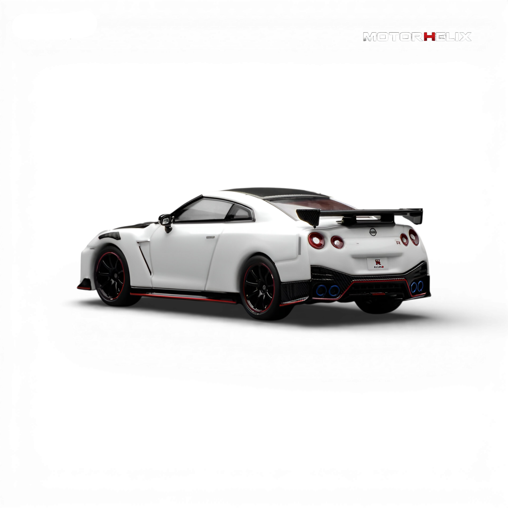Rear three-quarter view of the MotorHelix Nissan GT-R NISMO (R35) Special Edition 2022 1:64 diecast model showcasing the aerodynamic rear wing and NISMO styling.