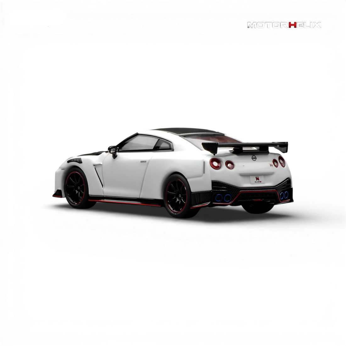 Rear three-quarter view of the MotorHelix Nissan GT-R NISMO (R35) Special Edition 2022 1:64 diecast model showcasing the aerodynamic rear wing and NISMO styling.