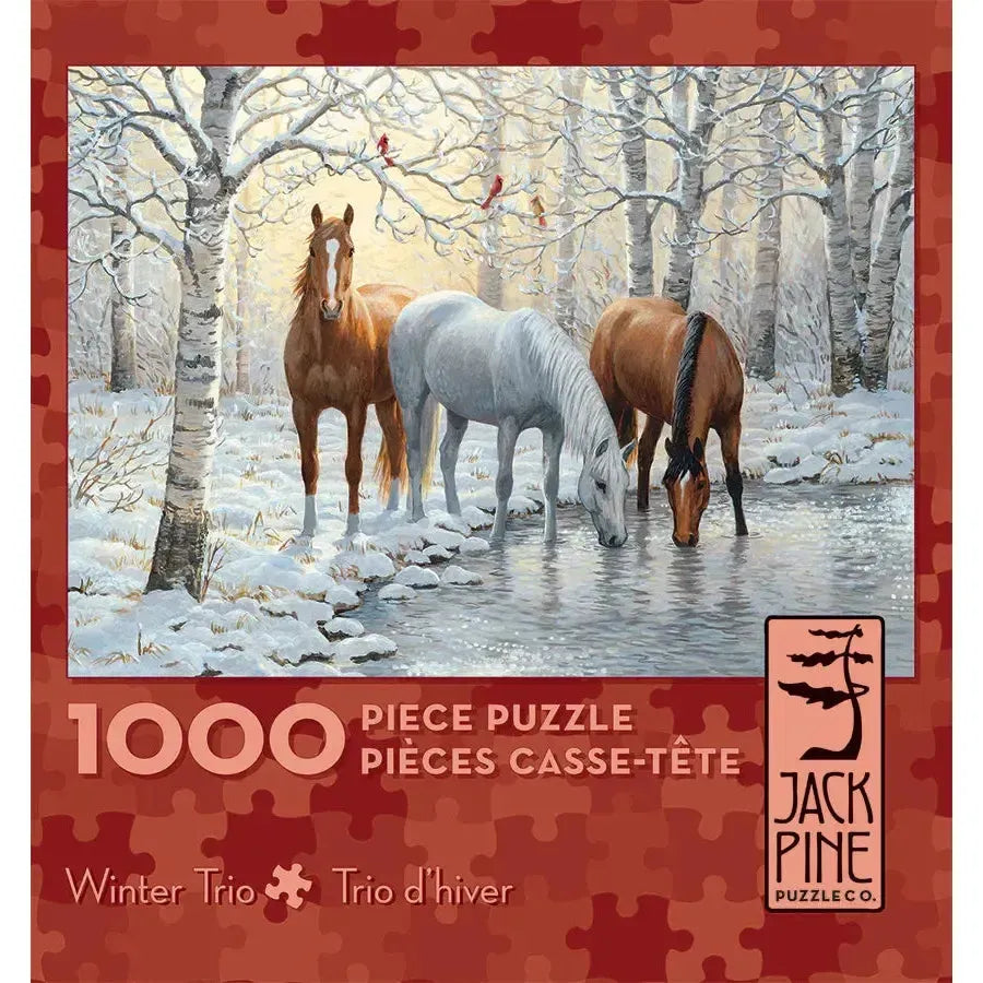 Jack Pine Winter Trio 1000 Piece Jigsaw Puzzle featuring three horses standing in a snowy winter forest