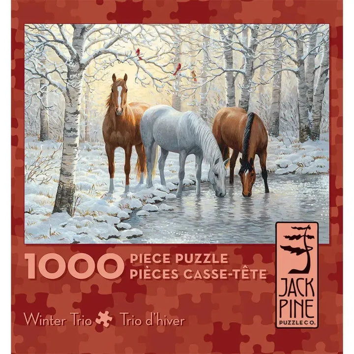 Jack Pine Winter Trio 1000 Piece Jigsaw Puzzle featuring three horses standing in a snowy winter forest