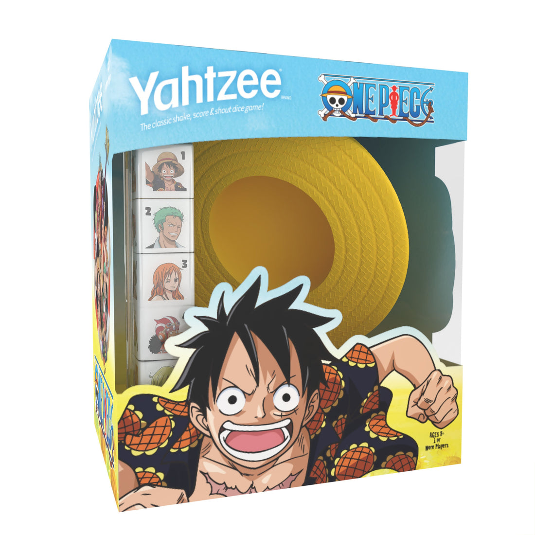 YAHTZEE One Piece collectible dice game with Luffy straw hat dice cup