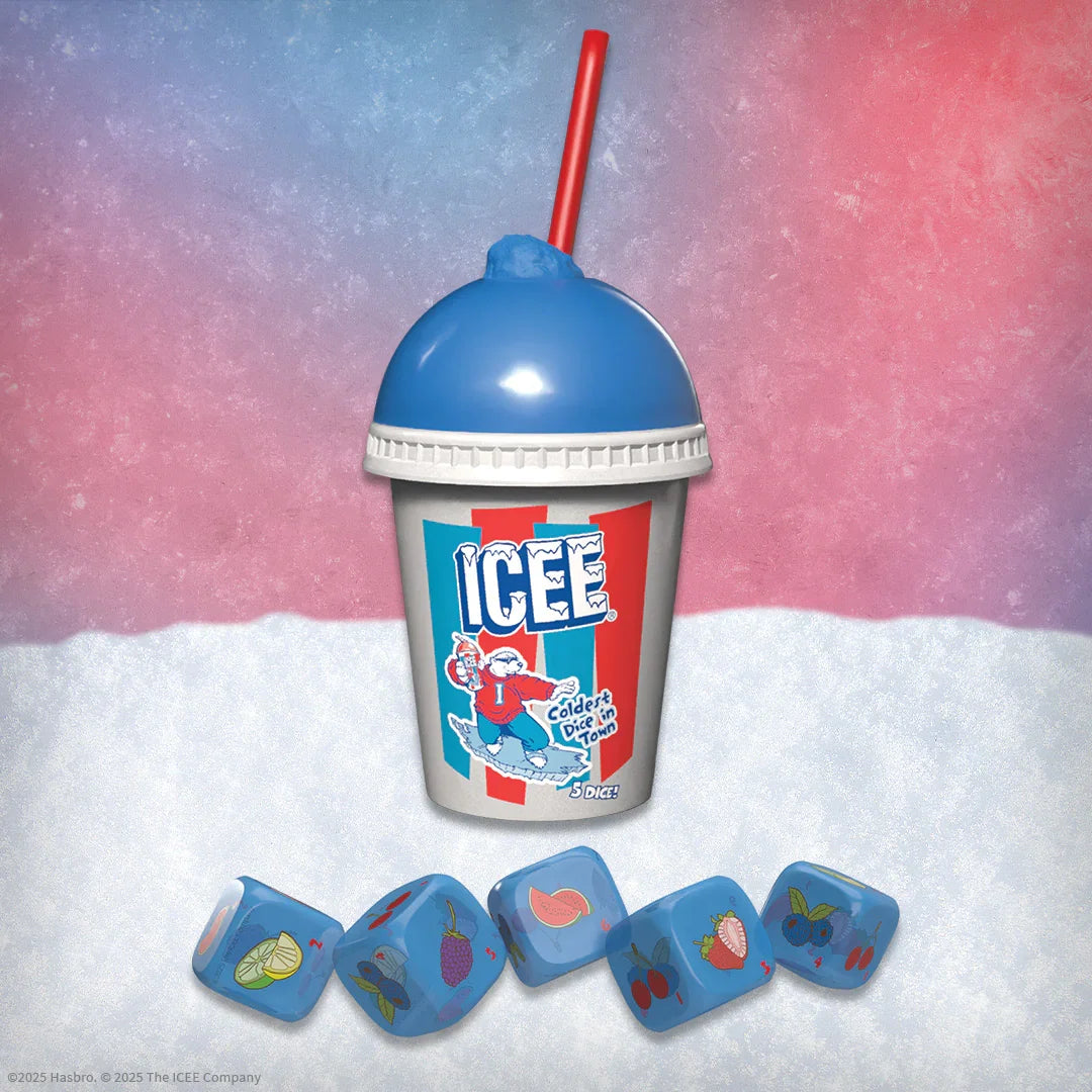 ICEE cup-shaped YAHTZEE dice shaker with colorful custom dice