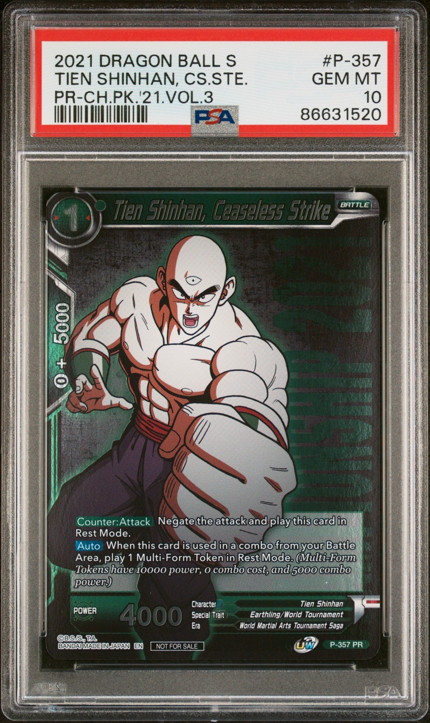 2021 DRAGON BALL SUPER TIEN SHINHAN, CS.STE. #P-357 - PSA 10