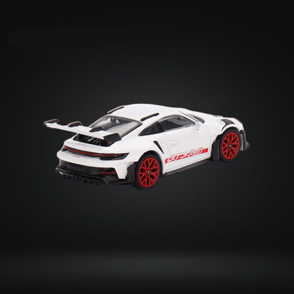 Porsche 911 992 GT3 RS White & Red Wheels #630 1:64 by Mini-GT MGT00630 Angled Rear View