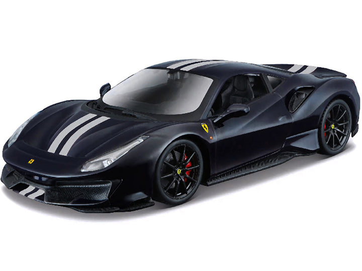 Ferrari 488 Pista Dark Blue Metallic with Silver Stripes 1/24 Diecast Model Car by Bburago-1