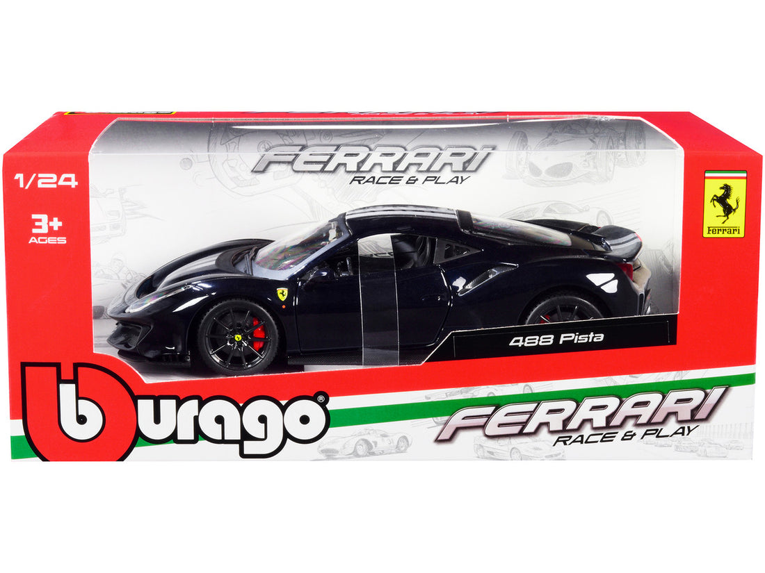 Ferrari 488 Pista Dark Blue Metallic with Silver Stripes 1/24 Diecast Model Car by Bburago-2