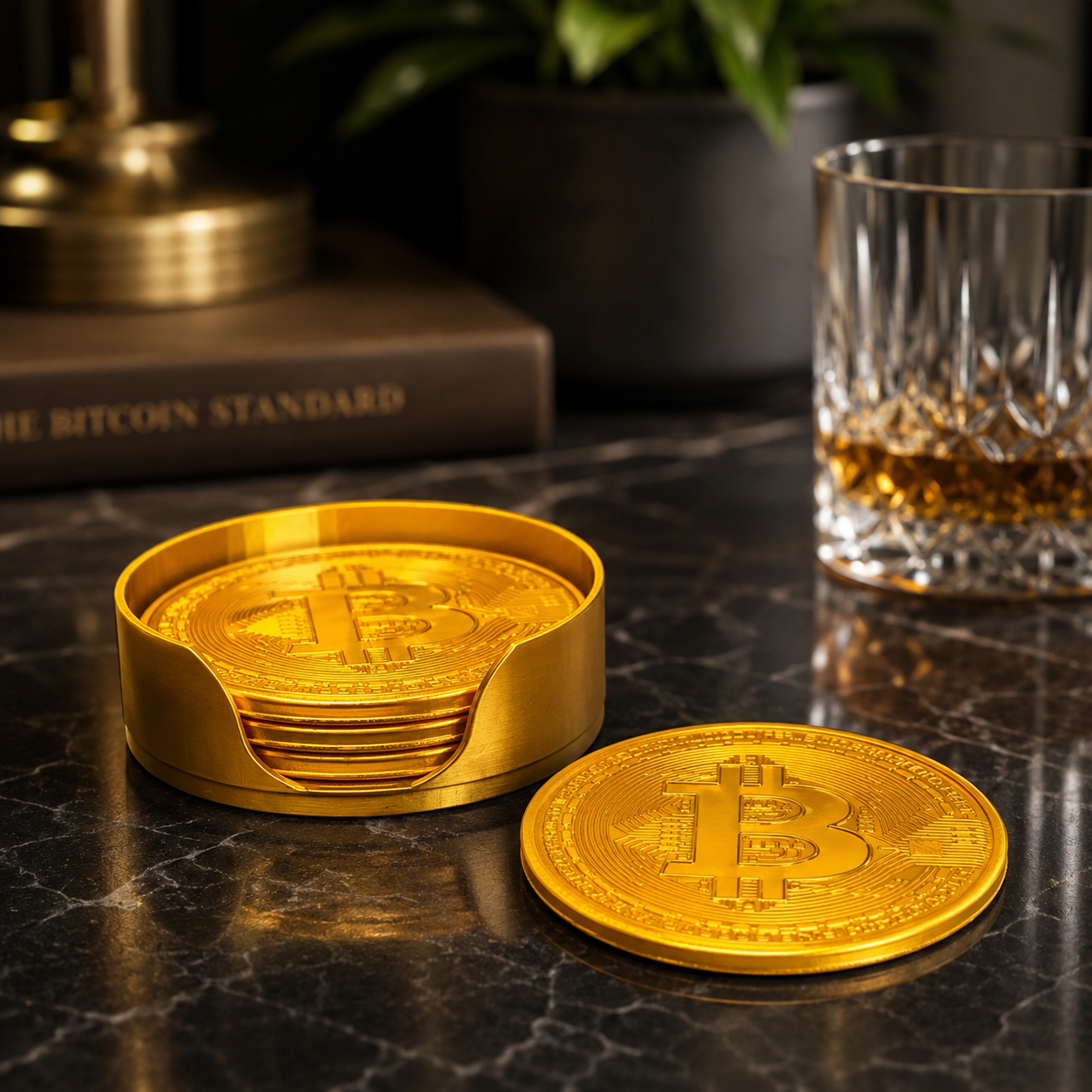 Bitcoin gold coaster set with holder