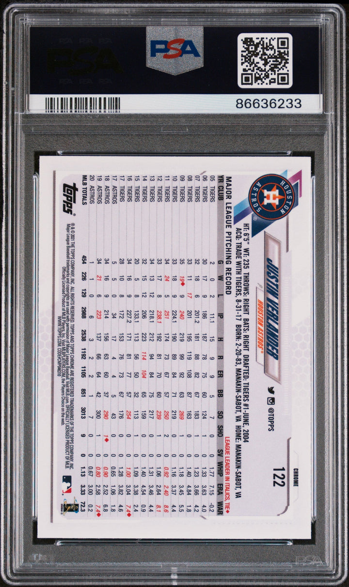 2021 TOPPS CHROME JUSTIN VERLANDER #122 - PSA 10 2