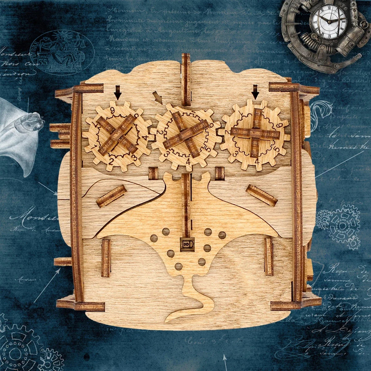 Wooden Cluebox mechanical puzzle with gears and hidden mechanisms