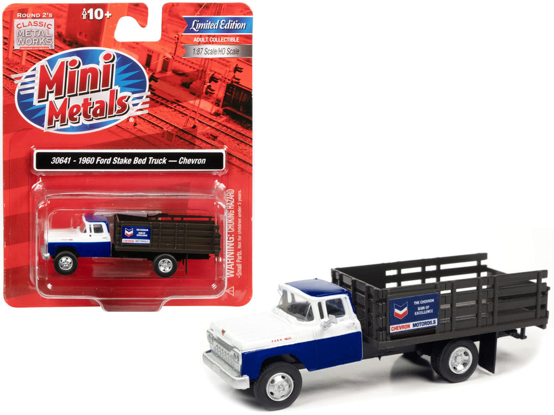 Ford 1960 Stake Bed Truck "Chevron" Blue and White 1/87 (HO) Scale Model Car by Classic Metal Works