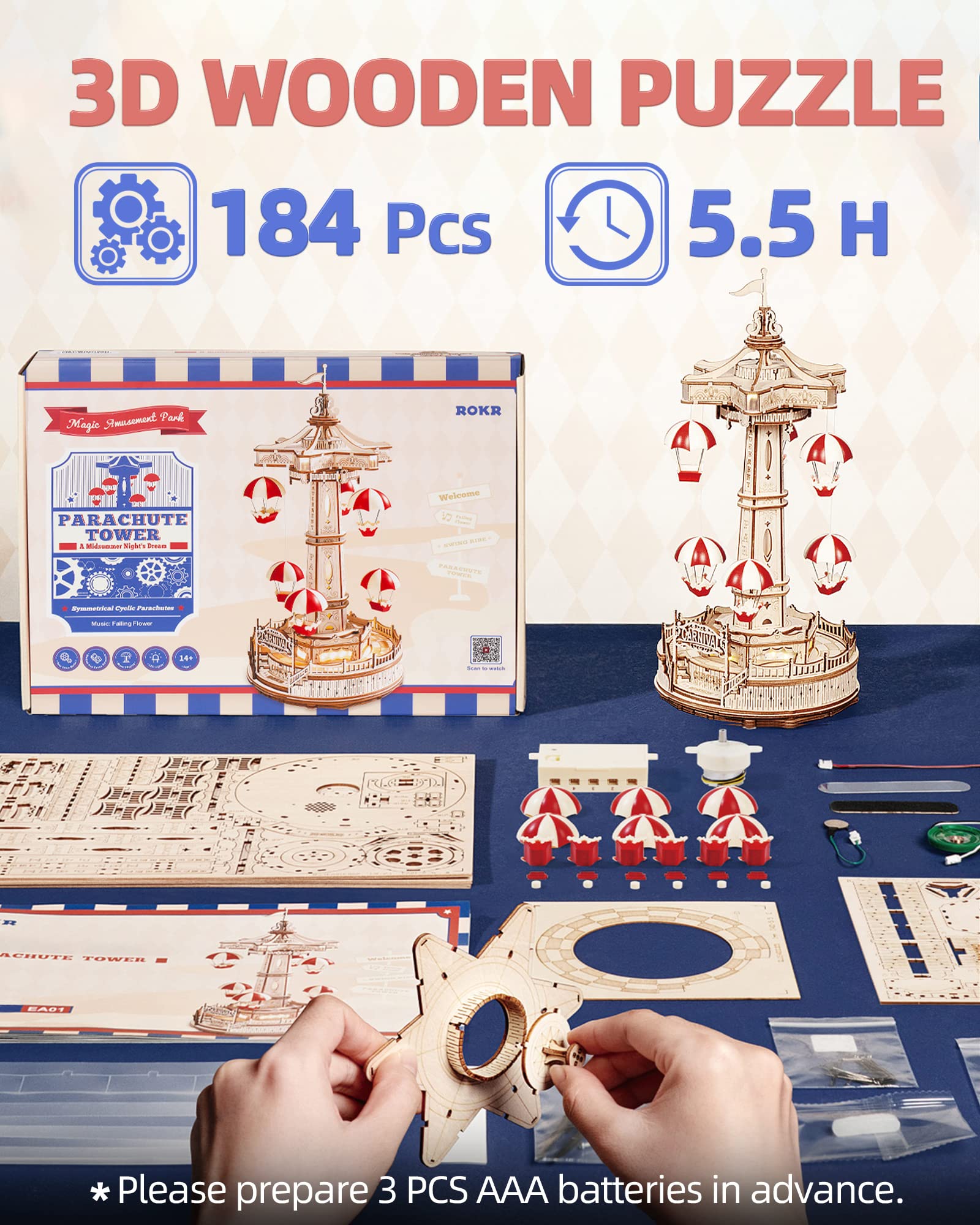 3D Wooden Parachute Tower Music Box Puzzle. 5