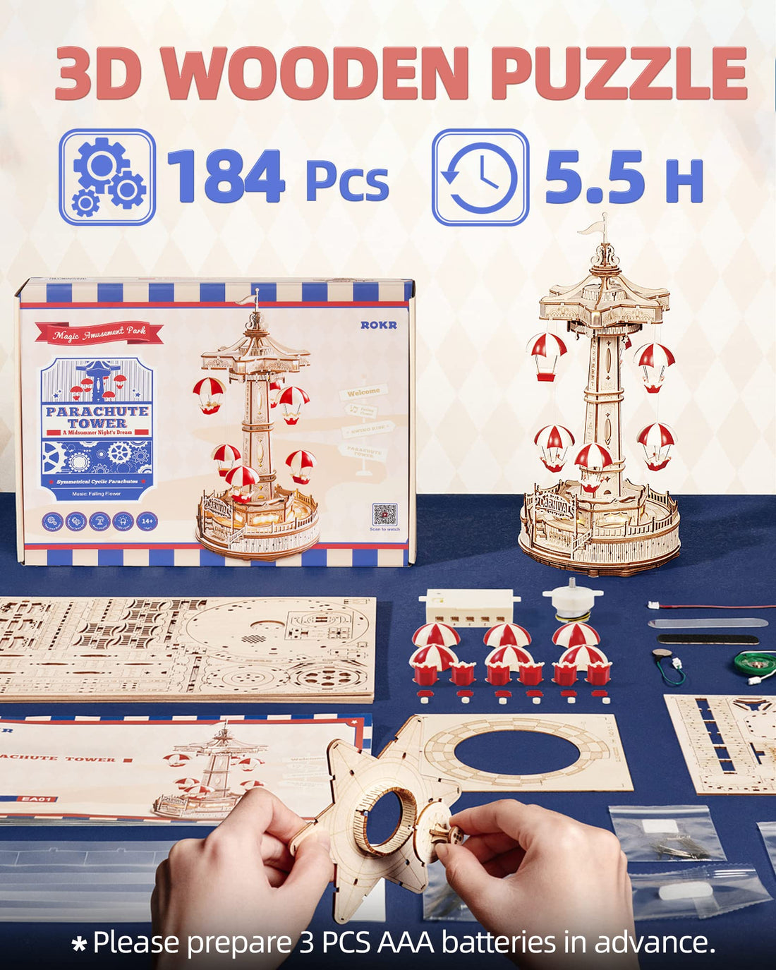 3D Wooden Parachute Tower Music Box Puzzle. 5