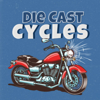 Red motorcycle on a blue background with 'Die Cast Cycles' text