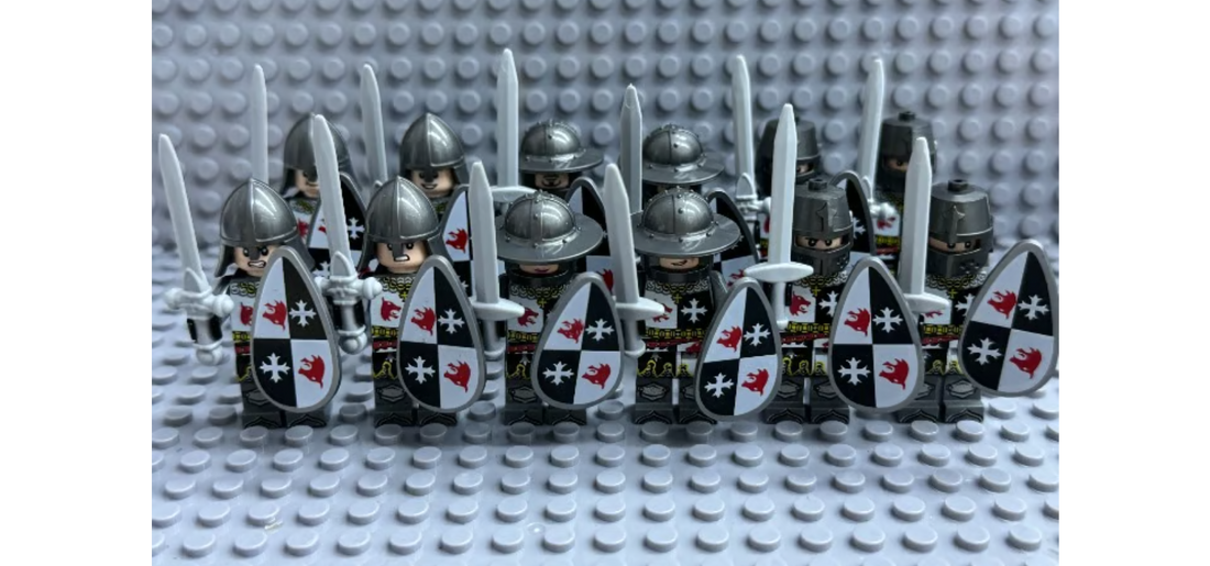 12-piece medieval knight custom minifigure army set with grey armor shields and weapons