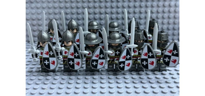 12-piece medieval knight custom minifigure army set with grey armor shields and weapons