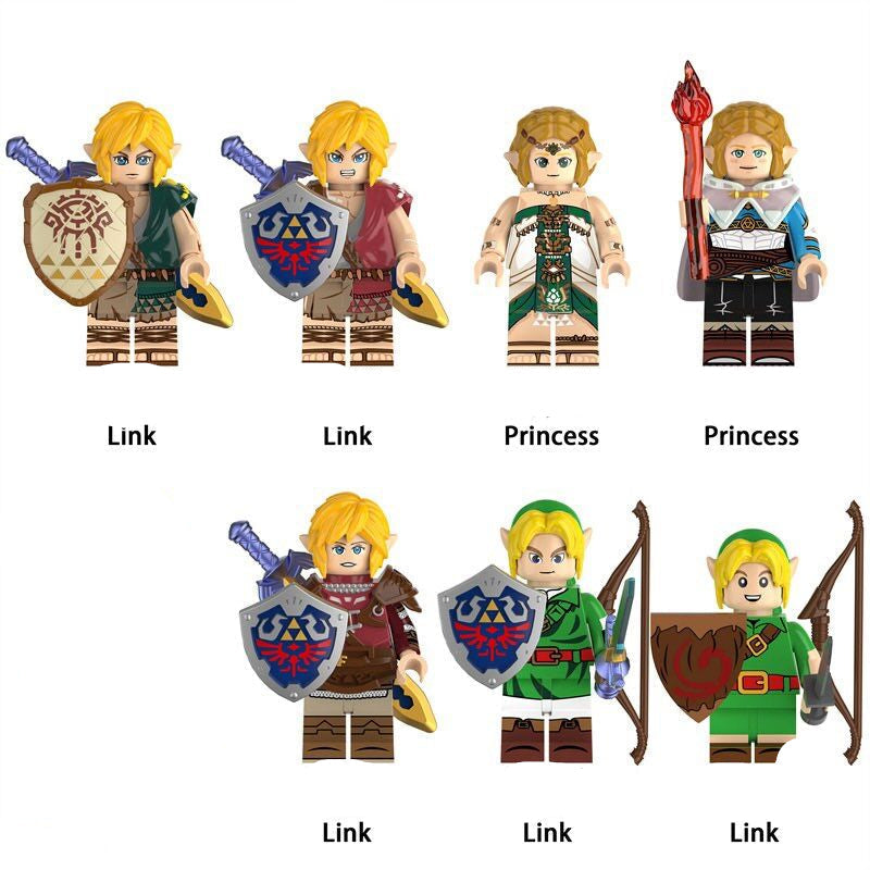 Link and Princess Zelda 7-piece LEGO-compatible custom minifigure set with shields weapons and fantasy accessories