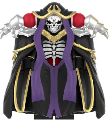 Ainz Ooal Gown Overlord skeletal face LEGO-compatible custom minifigure with black purple and gold cloak