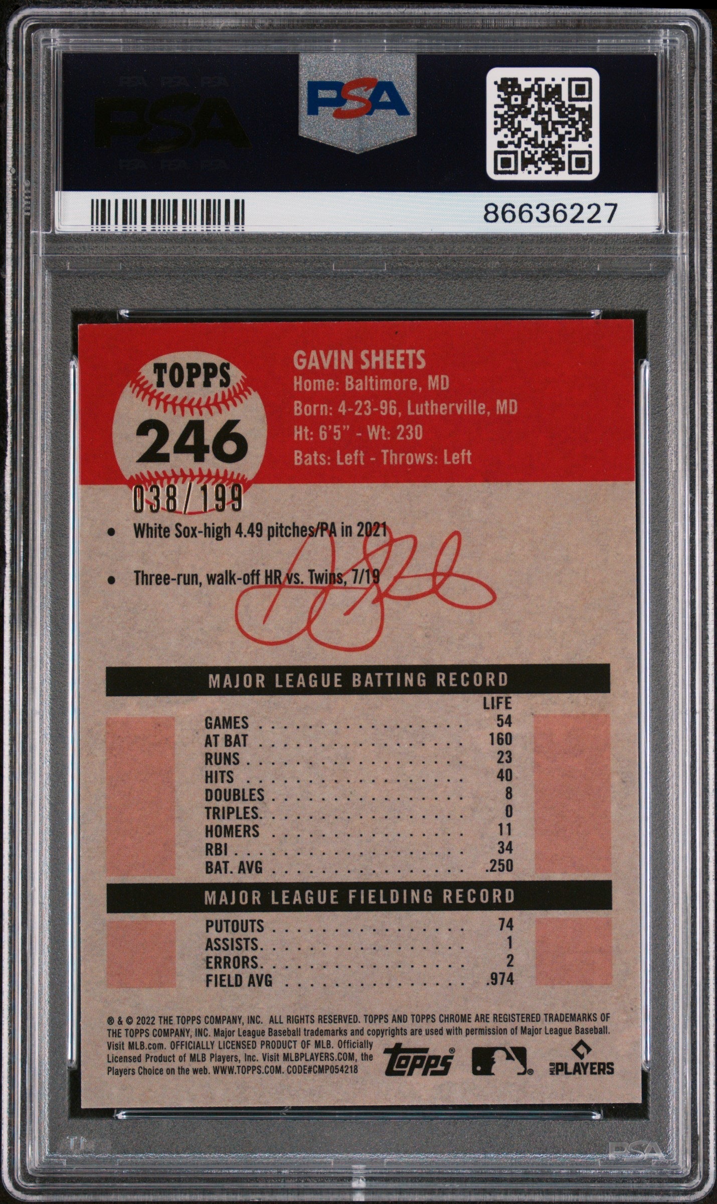 2022 TOPPS CHROME PLATINUM GAVIN SHEETS PLATINUM TOILE #246 PSA 10 2