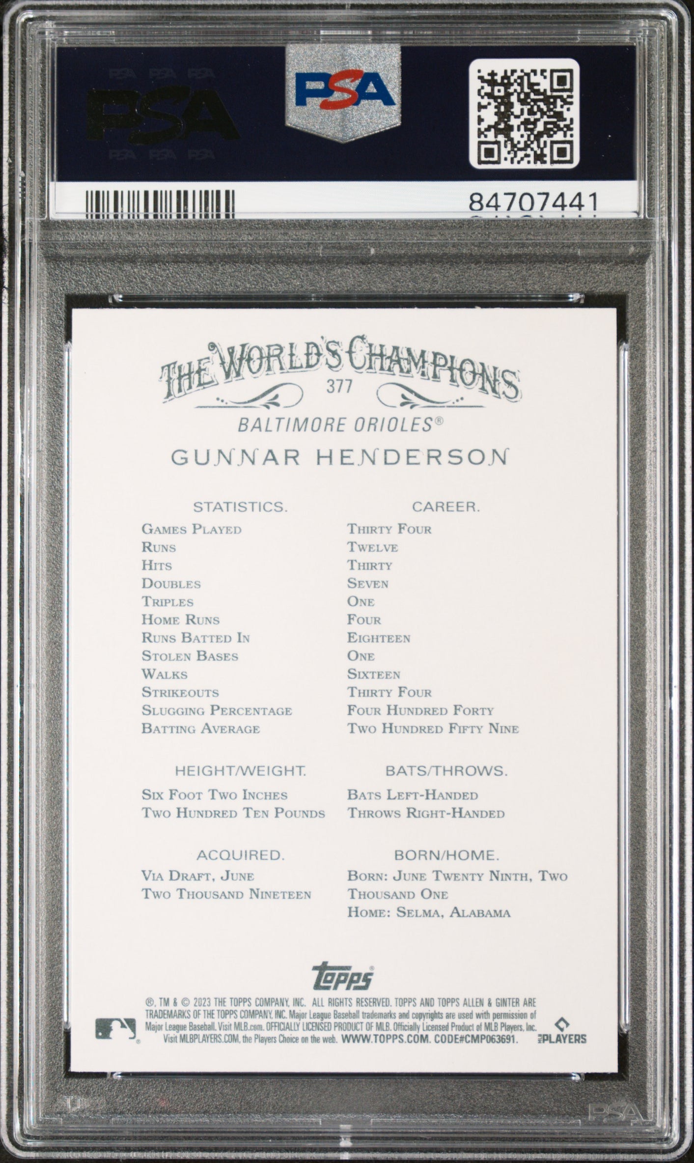 2023 TOPPS ALLEN & GINTER GUNNAR HENDERSON  #377 - PSA 10 2