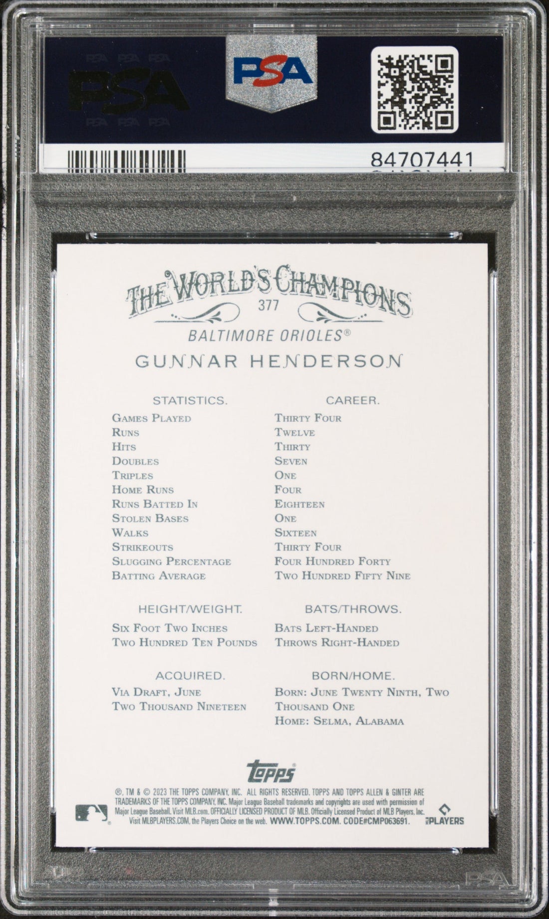 2023 TOPPS ALLEN & GINTER GUNNAR HENDERSON  #377 - PSA 10 2