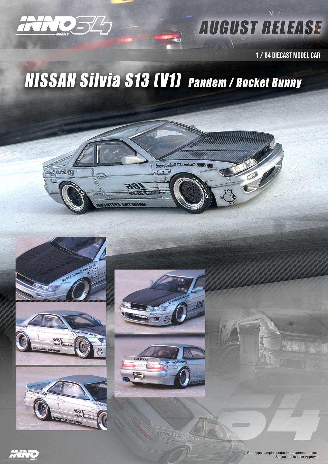 Nissan Silvia S13 (V1) Pandem Rocket Bunny in Silver 1:64 by Inno64