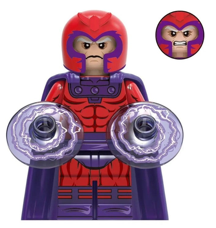 Magneto custom minifigure in red and purple armor with magnetic power effect accessories