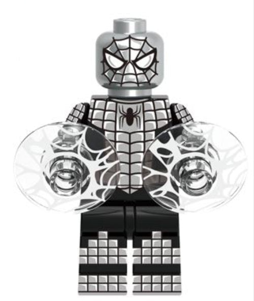 Spider-Man armored custom minifigure in silver and black with transparent web-effect accessories