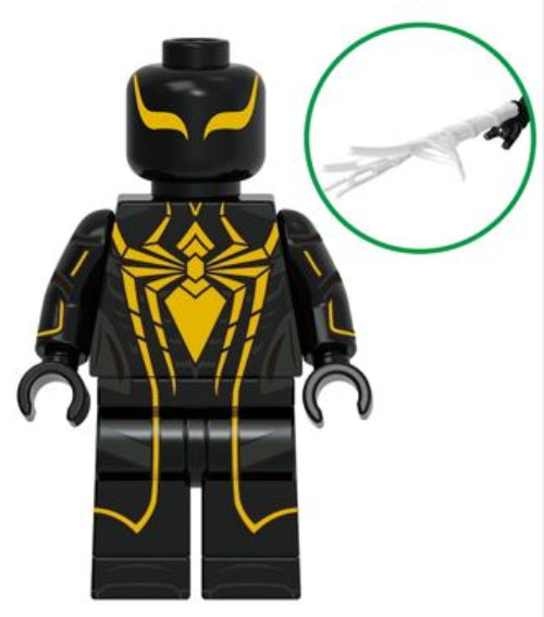 Spider-Man Armored MK II custom minifigure in black and gold suit with web accessory