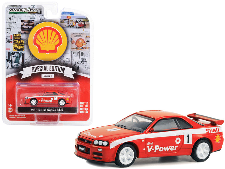2001 Nissan Skyline GT-R (R34) #1 Red with White Stripes "Shell Racing" "Shell Oil Special Edition" Series 1 1/64 Diecast Model Car by Greenlight-0