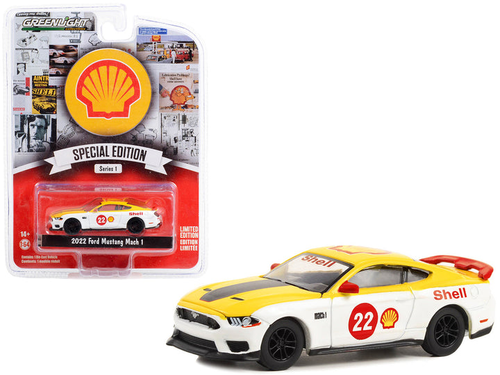 2022 Ford Mustang Mach 1 #22 Yellow and White "Shell Racing" "Shell Oil Special Edition" Series 1 1/64 Diecast Model Car by Greenlight-0