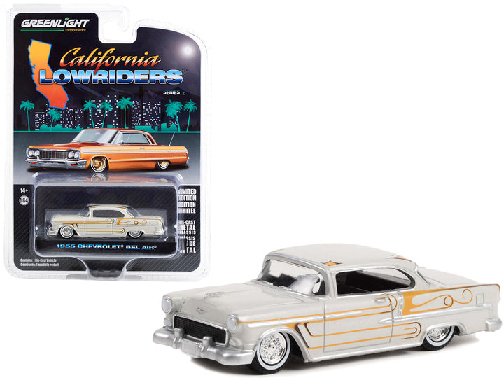 1955 Chevrolet Bel Air Custom Light Gray Metallic and Gold Graphics "California Lowriders" Series 2 1/64 Diecast Model Car by Greenlight-0