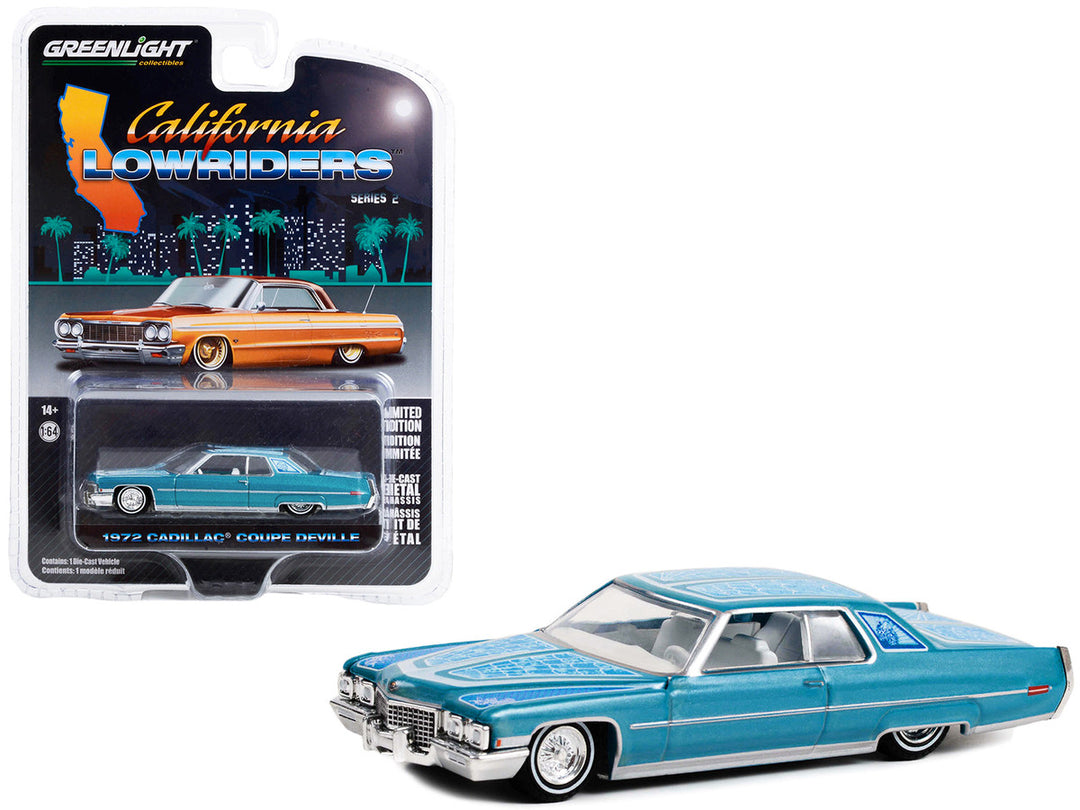 1972 Cadillac Coupe DeVille Custom Light Blue Metallic with White Interior and Graphics "California Lowriders" Series 2 1/64 Diecast Model Car by Greenlight-0