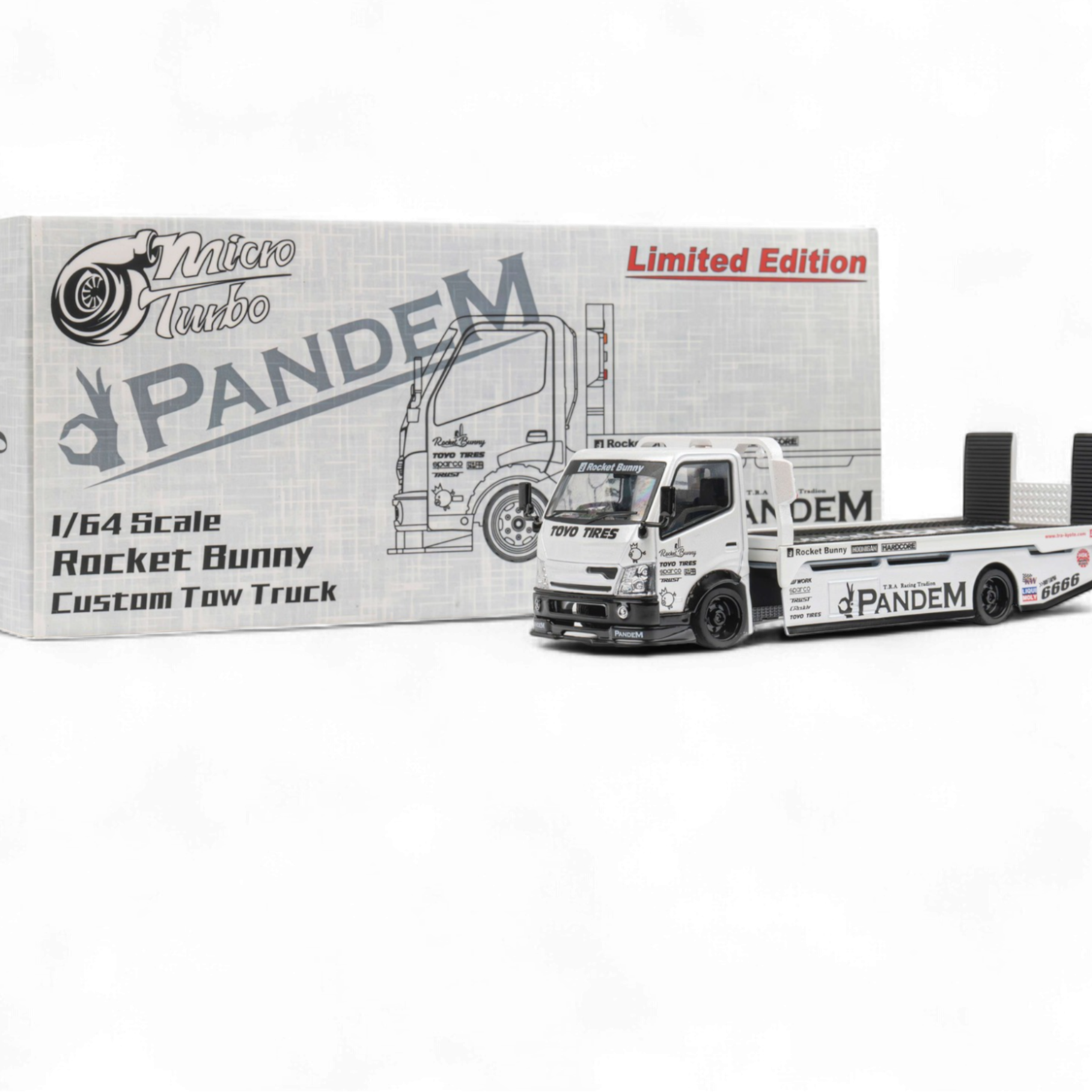 HINO 300 Flat Bed Transport Truck in Pandem Rocket Bunny White 1:64 by MicroTurbo  2