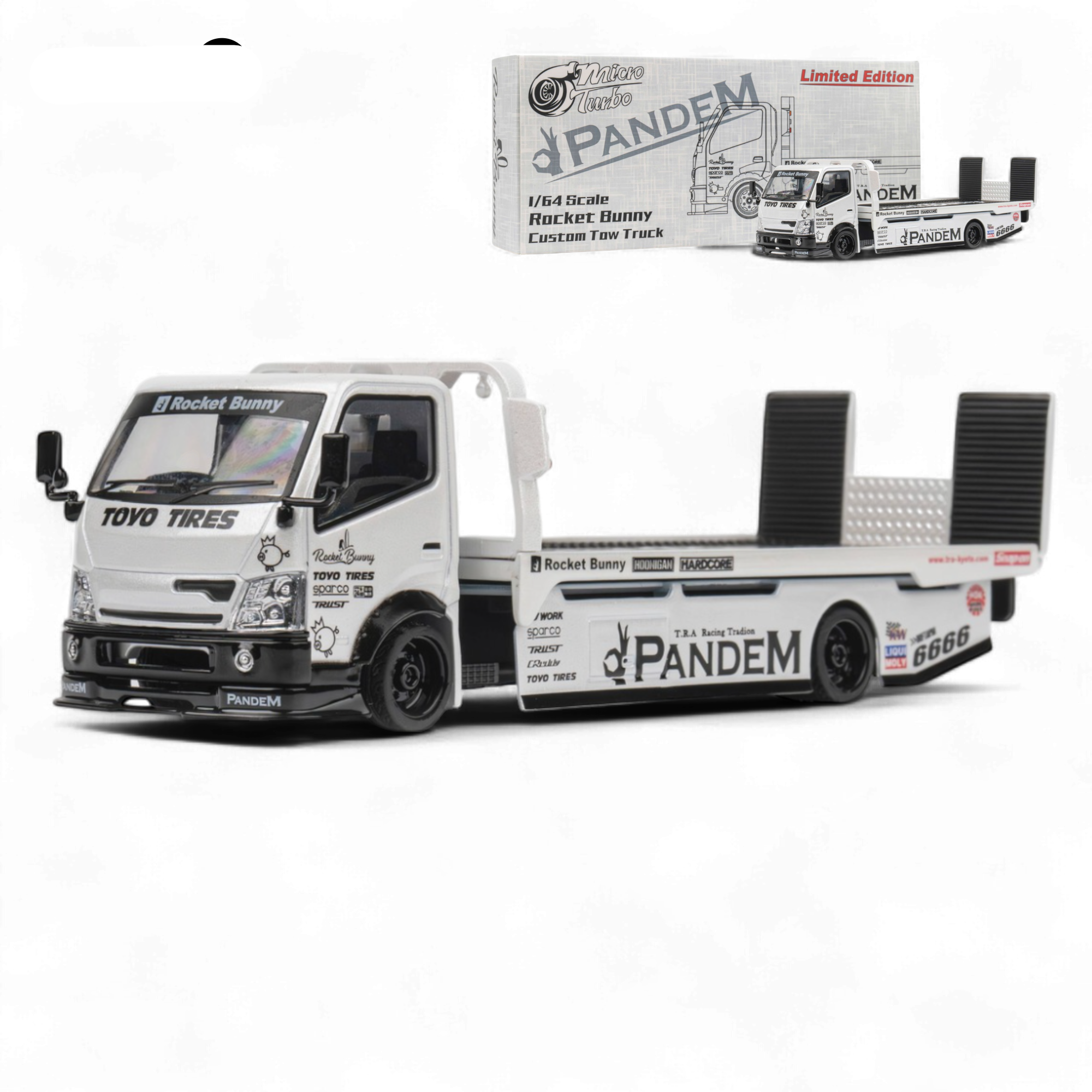 HINO 300 Flat Bed Transport Truck in Pandem Rocket Bunny White 1:64 by MicroTurbo 