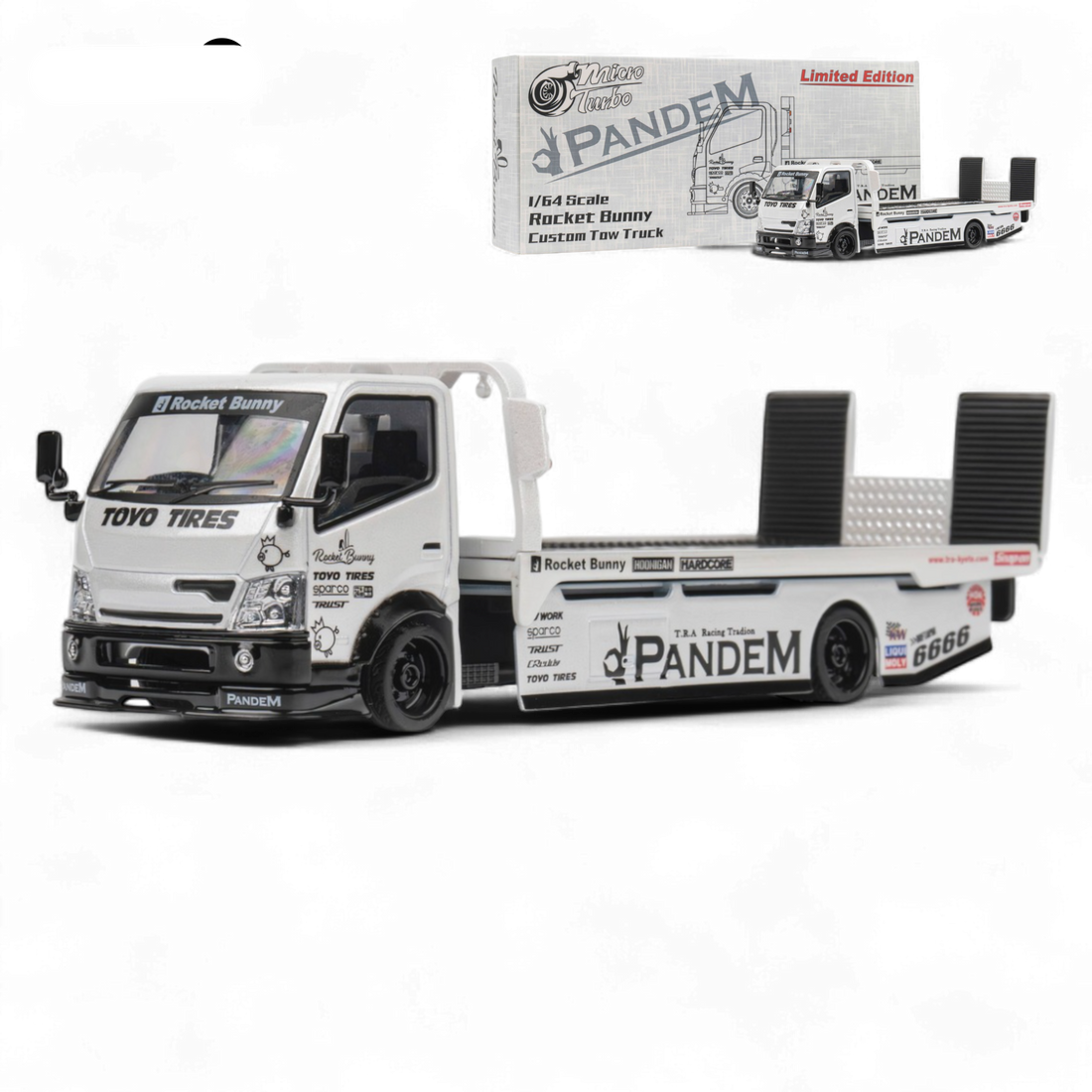 HINO 300 Flat Bed Transport Truck in Pandem Rocket Bunny White 1:64 by MicroTurbo 