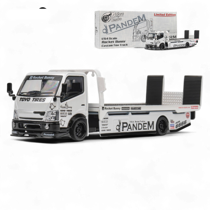 HINO 300 Flat Bed Transport Truck in Pandem Rocket Bunny White 1:64 by MicroTurbo 