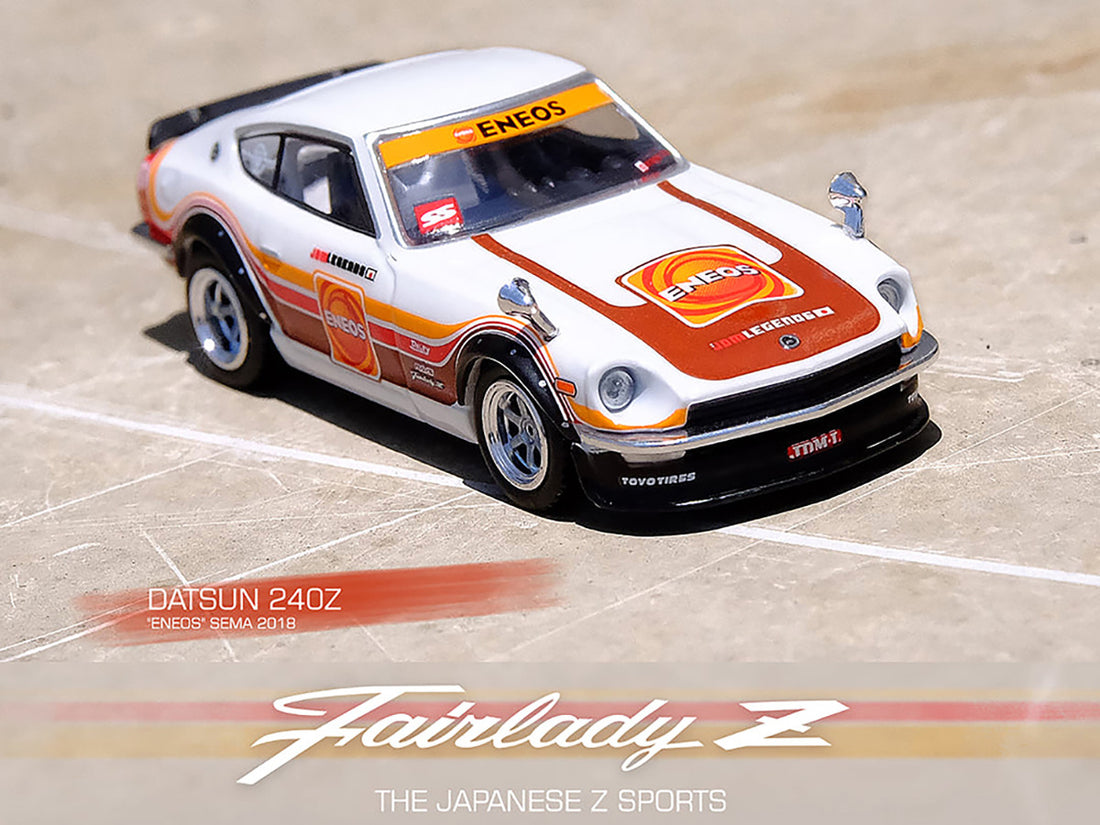 Datsun 240Z White with Stripes "Eneos" SEMA (2018) 1/64 Diecast Model Car by Inno Models-1