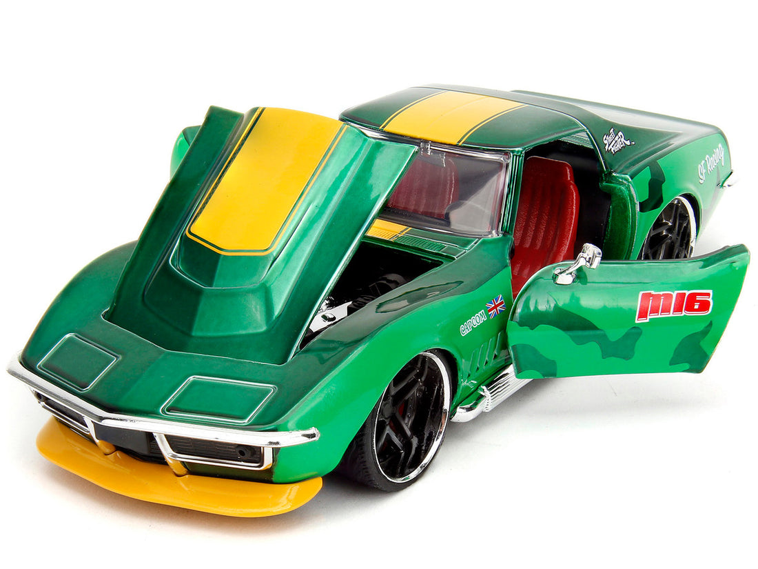 1969 Chevrolet Corvette Stingray ZL1 Green Metallic with Yellow Stripes and Cammy Diecast Figure "Street Fighter" Video Game "Anime Hollywood Rides" Series 1/24 Diecast Model Car by Jada-1